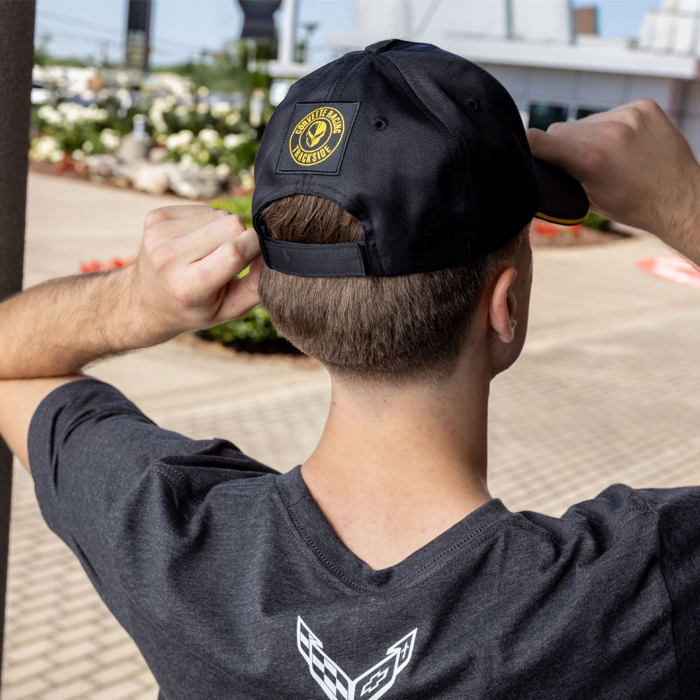 Man wearing the GT3R Corvette Racing Trackside Cap showing the design on the back of the cap