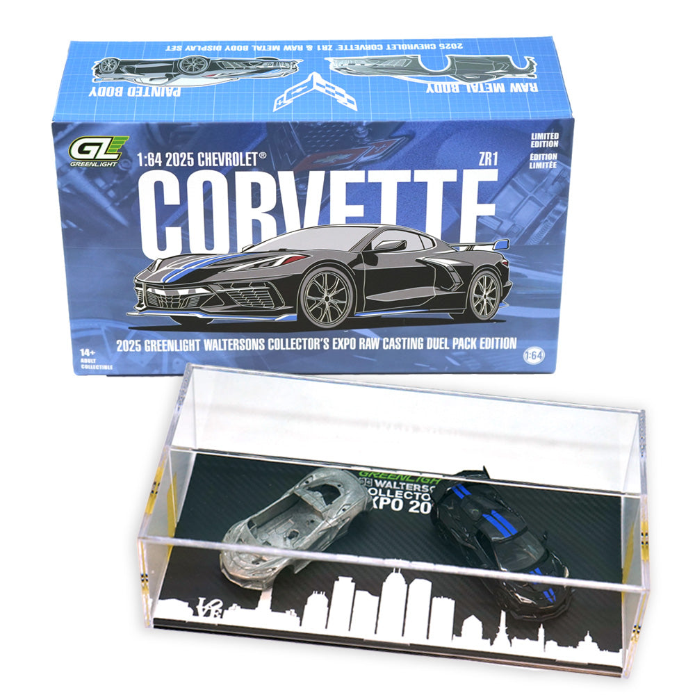 Greenlight 2025 Corvette ZR1 Dual Pack Diecast Models in a one sixty four scale shown on a white background