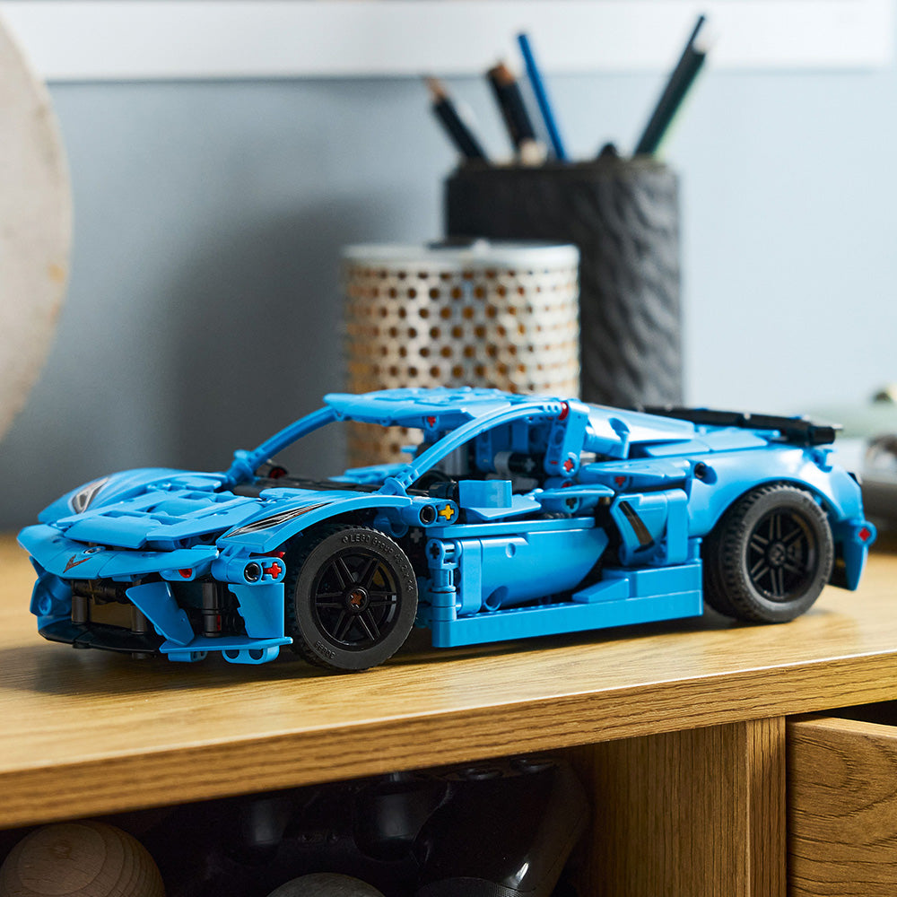 LEGO Technic Blue Corvette Stingray C8 Toy Car Model Building Kit shown displayed on a shelf
