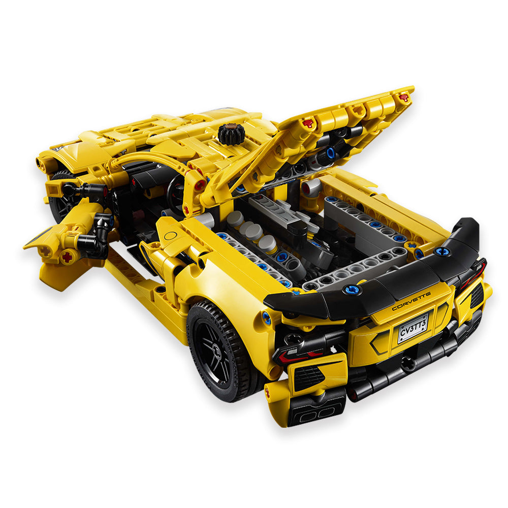 LEGO Technic Corvette Stingray C8 Toy Car Model Building Kit shown completed with the door and trunk open