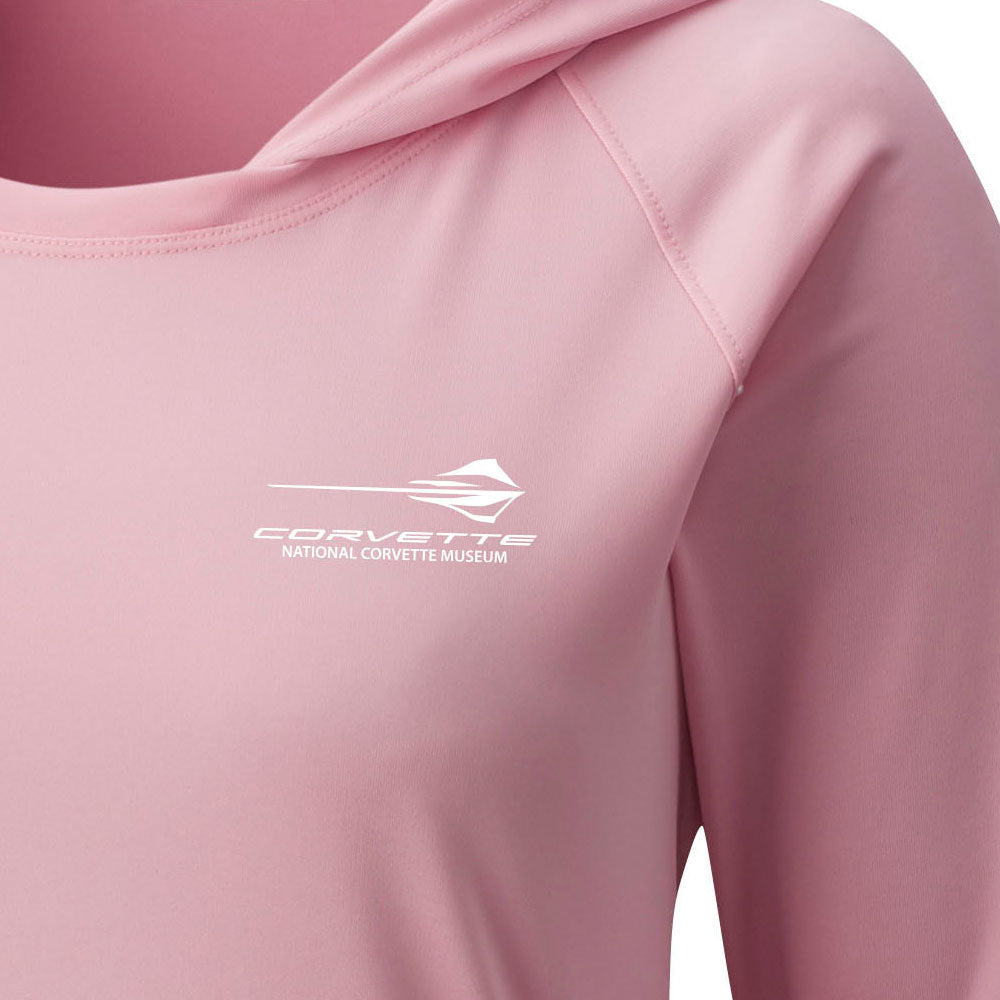 C8 Stingray Ladies Tidal Pink Hoodie Emblem Close Up