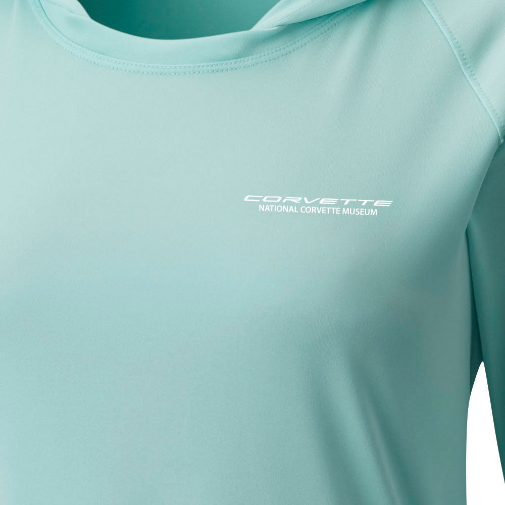 Corvette Ladies Tidal Tee Aqua Hoodie Emblem Close Up