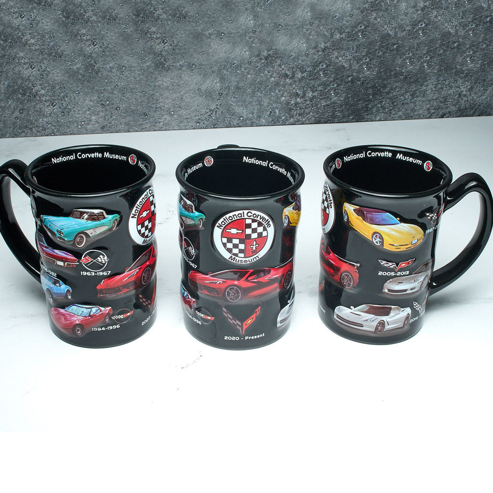 NCM C1-C8 3D Corvette History Black Mug sitting on a table