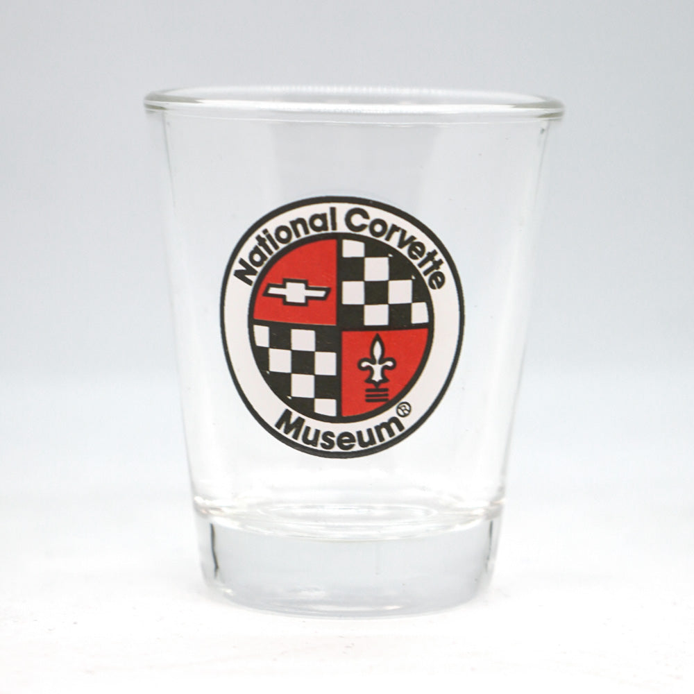 Clear glass with National Corvette Museum logo on a white background