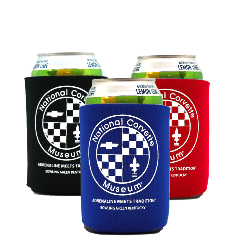 Three can coolers with National Corvette Museum logo on a white background