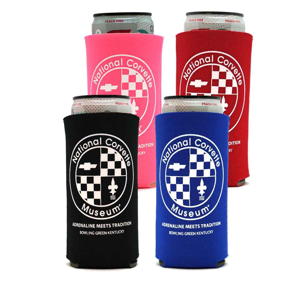 Four can chillers with the National Corvette Museum logo on a white background