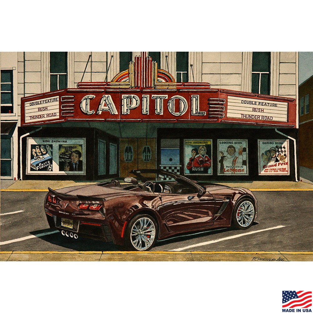 Print showing a a C7 Black Rose Z06 Corvette across the street from a theatre