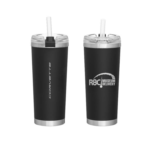 The front and back of the R8C Museum Delivery Tumber on a white background, one side featuring Corvette script and the other side showing the R8C Museum Delivery logo.