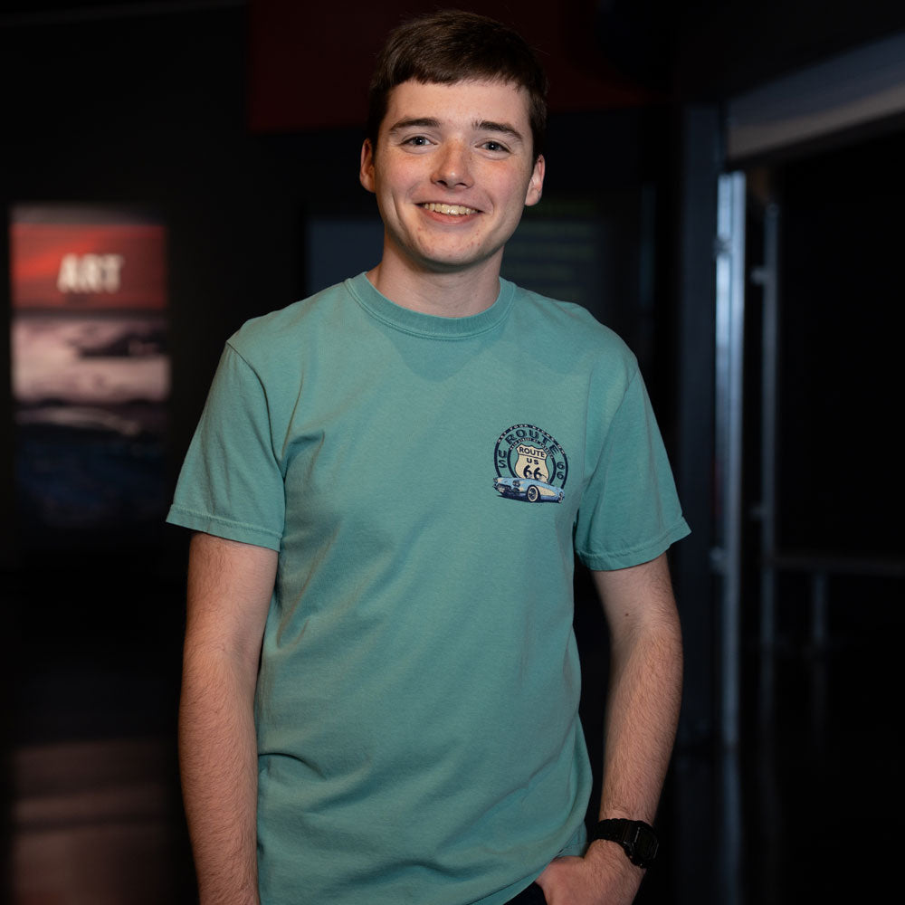 Man wearing the Route 66 Corvette T-shirt showing the front view
