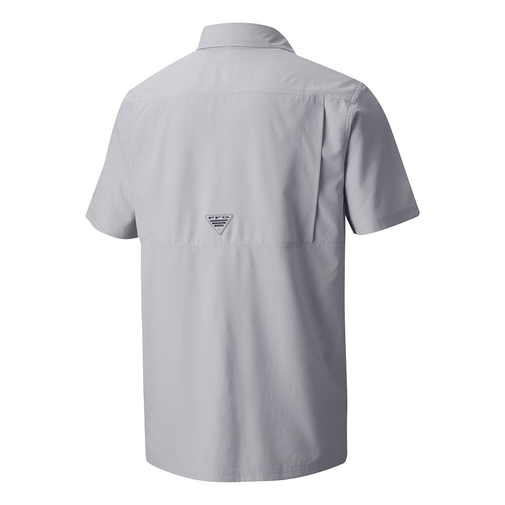 Showing the back of the C8 Corvette PFG Slack Tide Cool Gray Camp Shirt