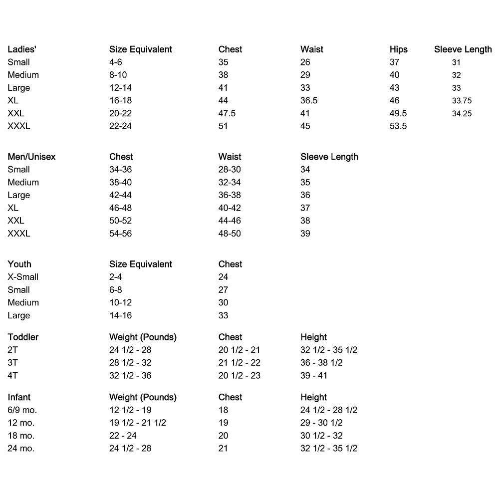 Size chart for the C2 Corvette Retro Red T-shirt