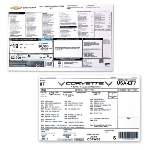 Corvette Build Sheet and Window Sticker Combo