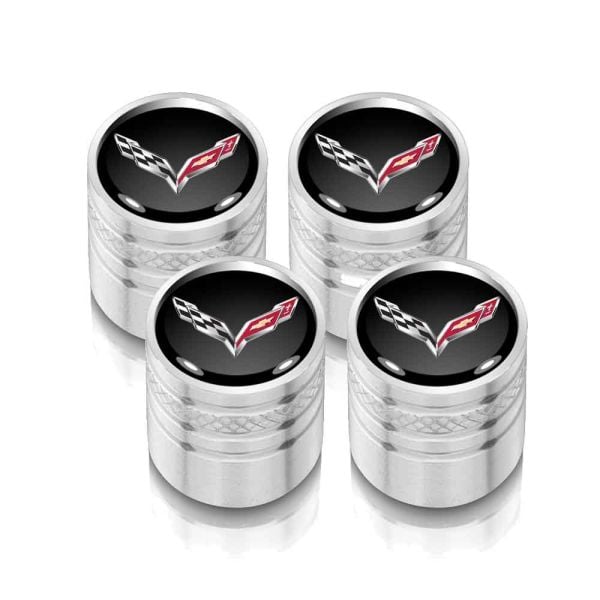 C7 Corvette Emblem Silver Tire Valve Stem Caps Set