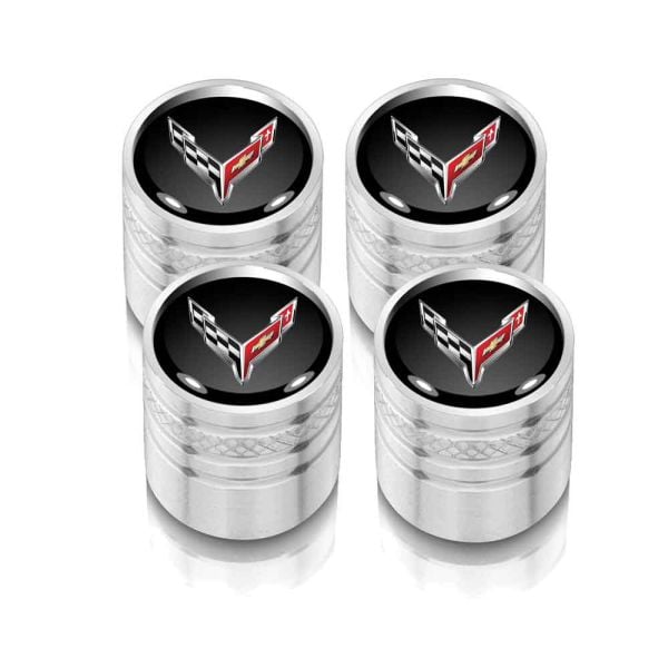 C8 Corvette Emblem Silver Tire Valve Stem Caps Set