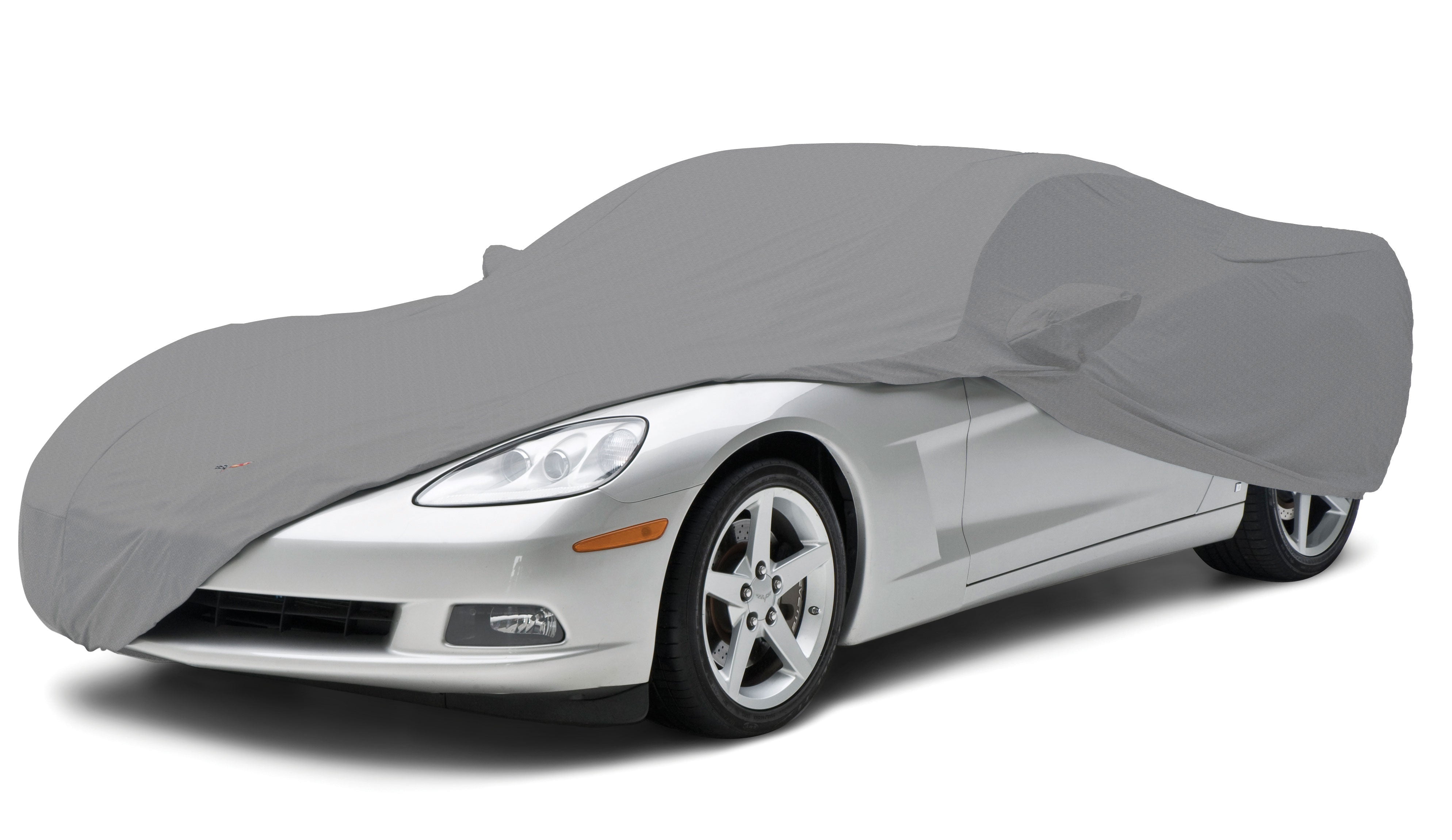 A car cover shown on a silver C6 Corvette