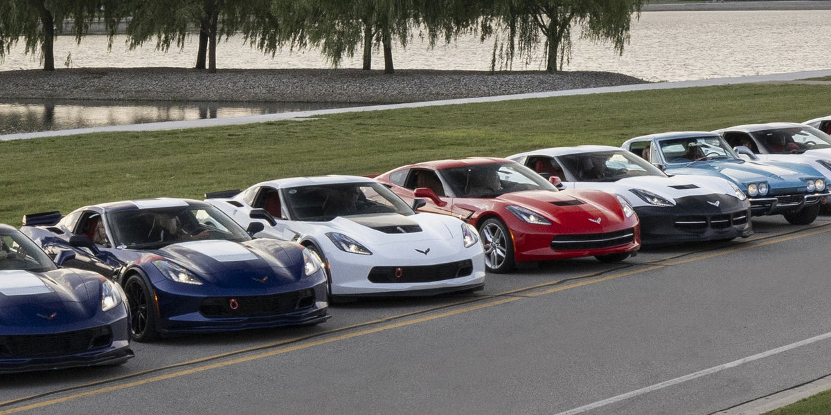 A row of Corvettes parked in front of a lake