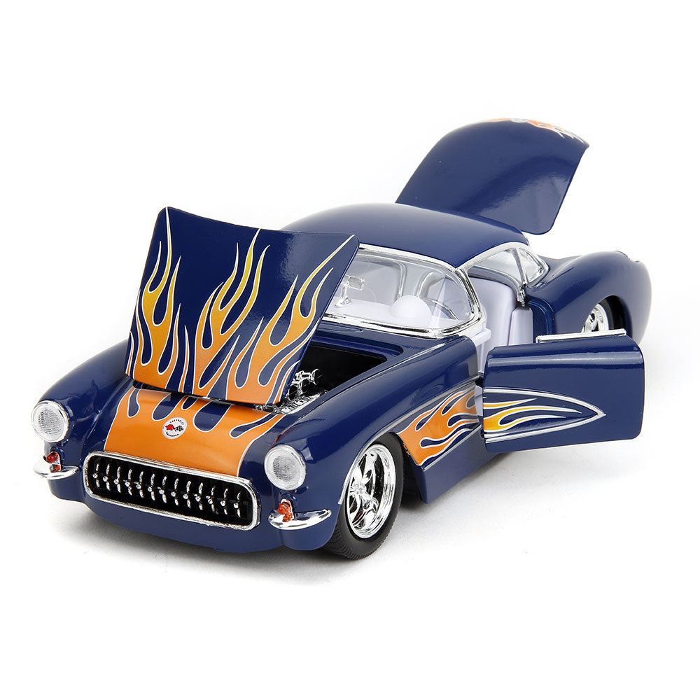 1957 Corvette with Flames Diecast Model shown with the door hood and trunk open