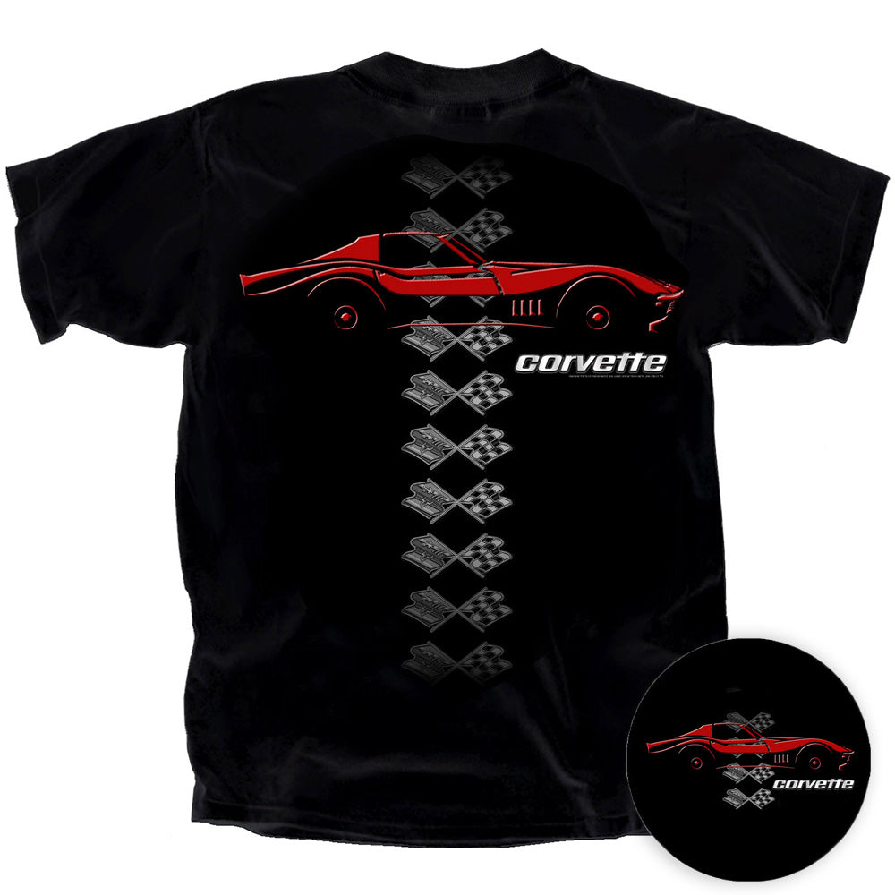 Black t-shirt with red 1969 Corvette graphic and 'Corvette' text on a white background