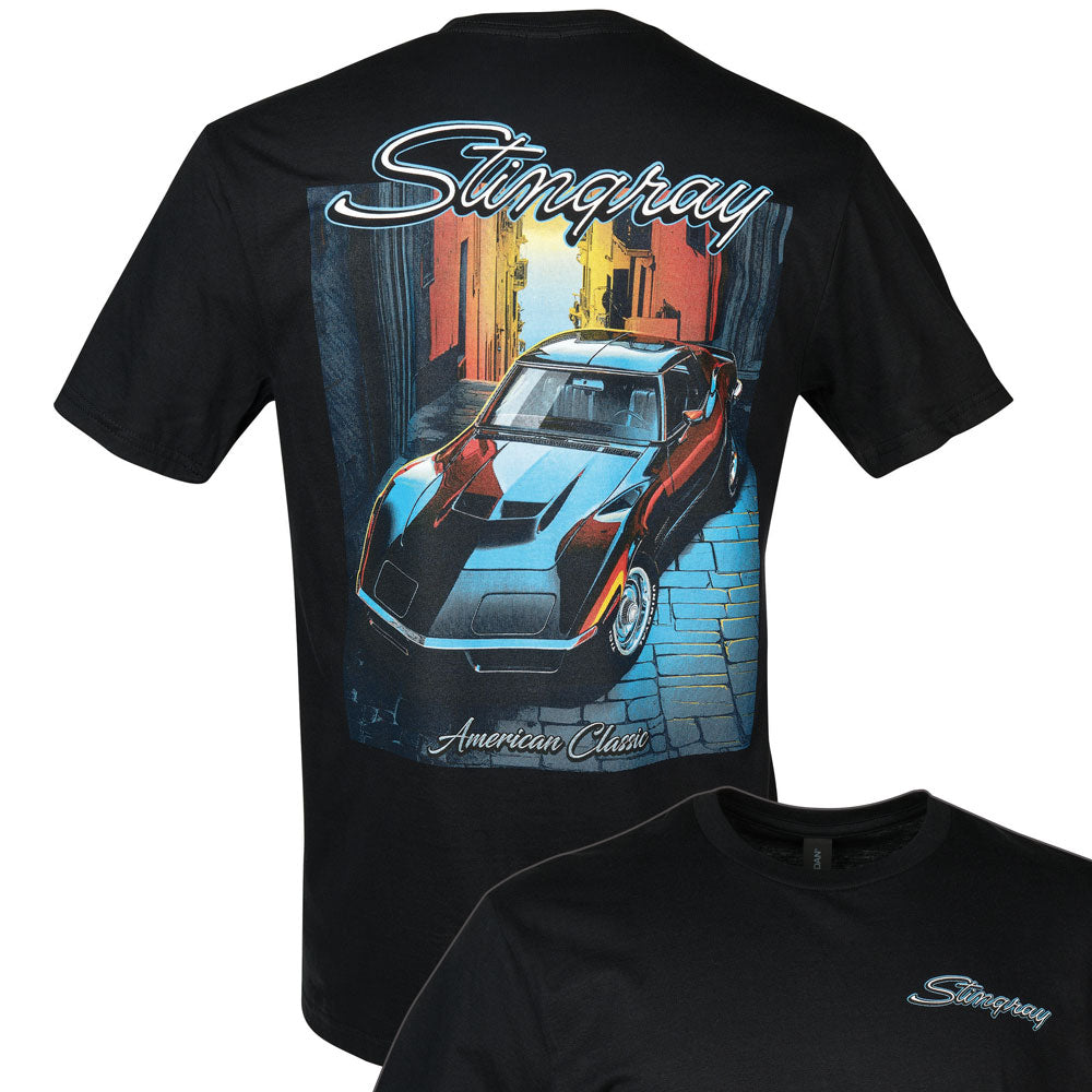 Black t-shirt with a graphic of a black 1972 Corvette and 'Stingray' text on a white background
