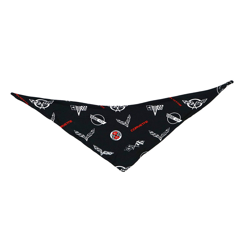 A Corvette dog bandana in black with an all over Corvette emblems print on a white background
