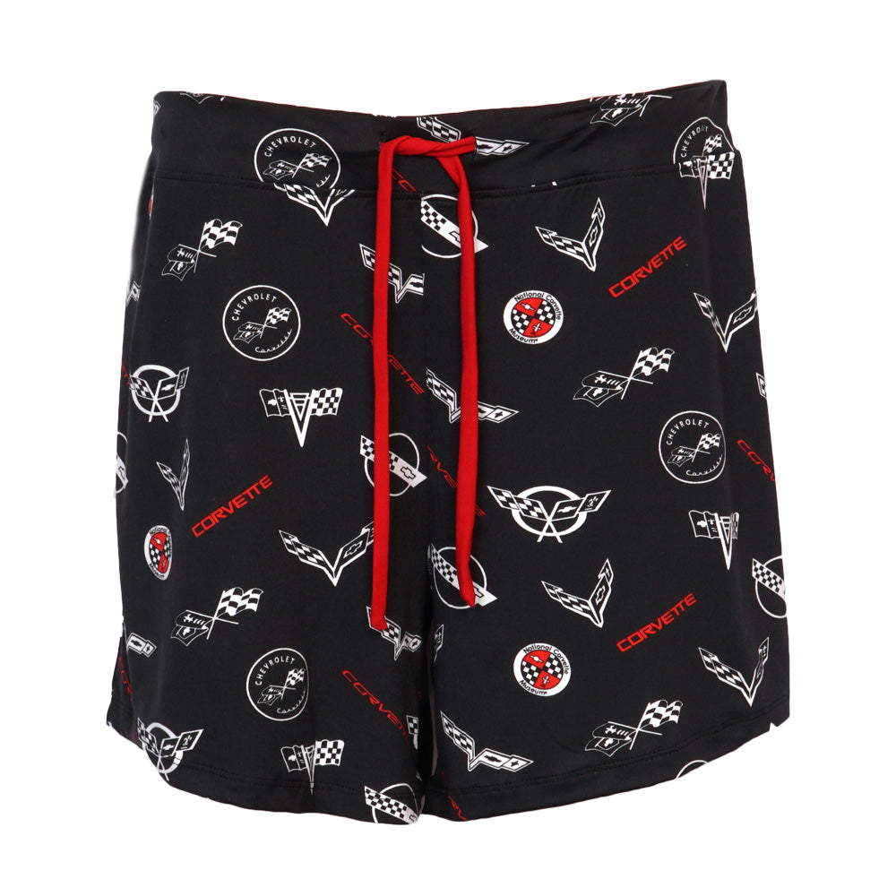 Corvette ladies' black boxer shorts with an all over Corvette emblems print shown on a white background.