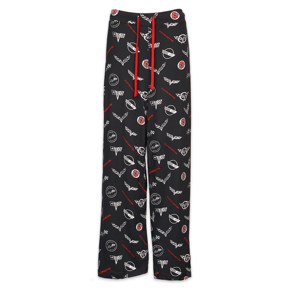 Ladies' black lounge pants with an all over Corvette emblems print shown on a white background.