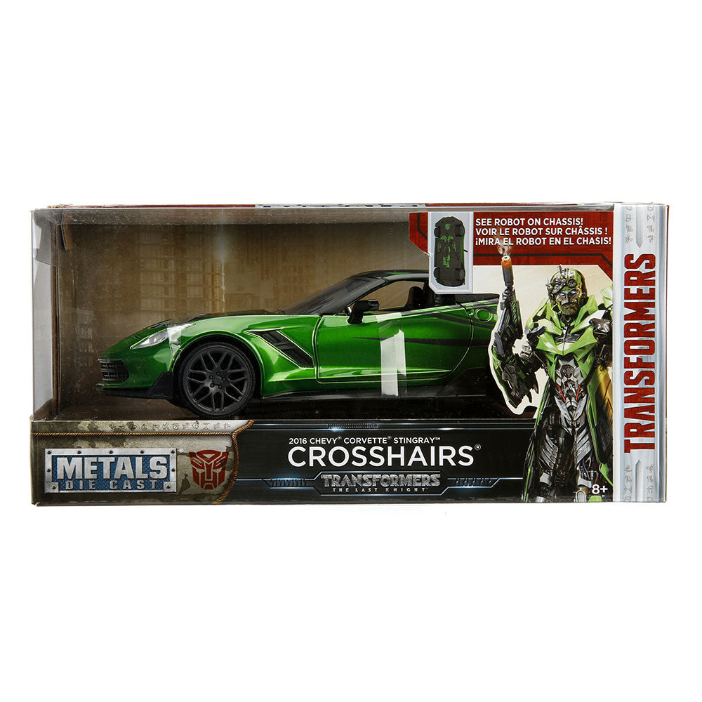 2016 Corvette Transformers Crosshairs Green Diecast Model shown in the box