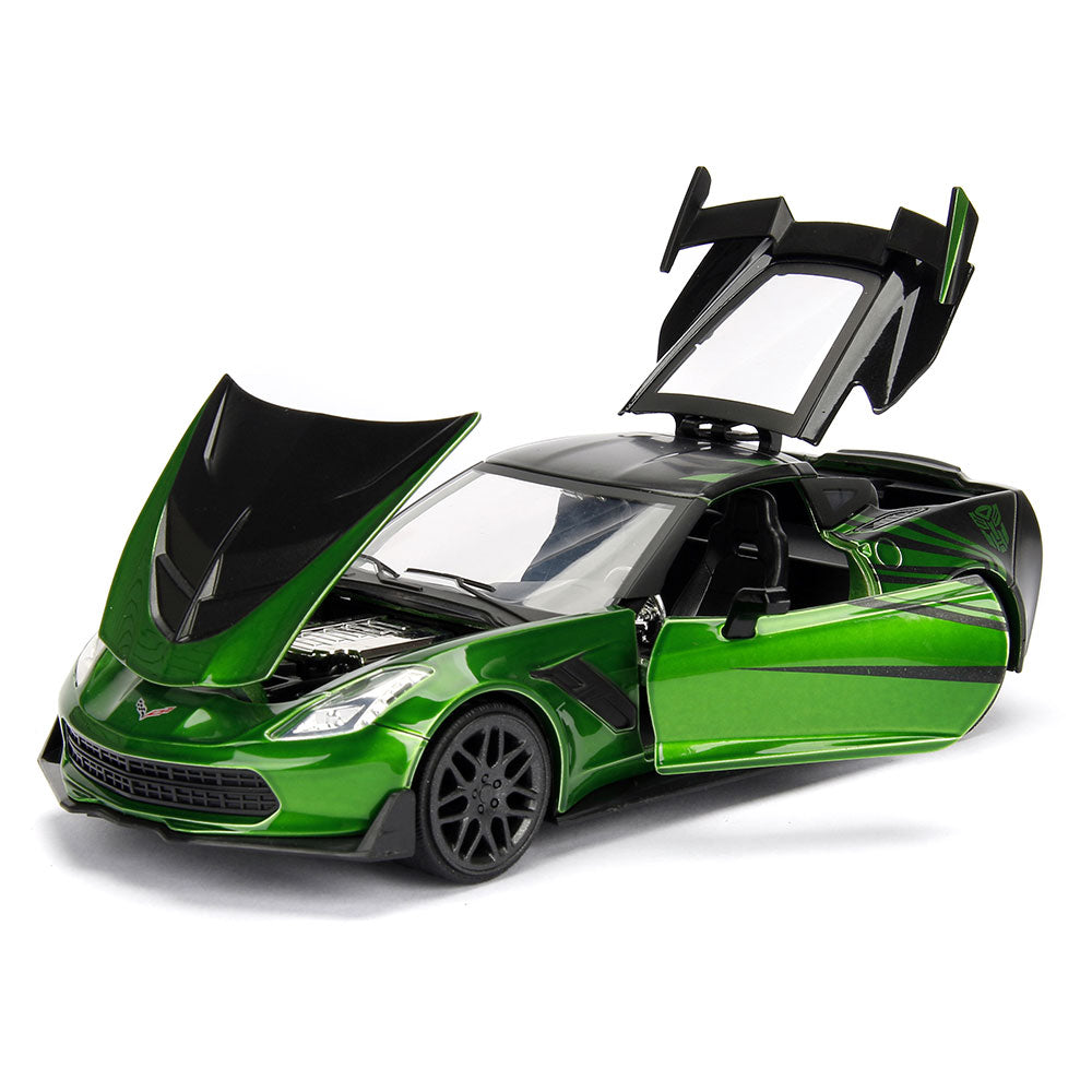 2016 Corvette Transformers Crosshairs Green Diecast Model shown with the doors hood and trunk open