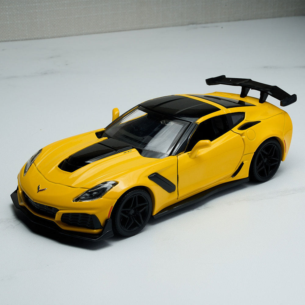 2019 Race Yellow Corvette ZR1 Diecast Model sitting on a table