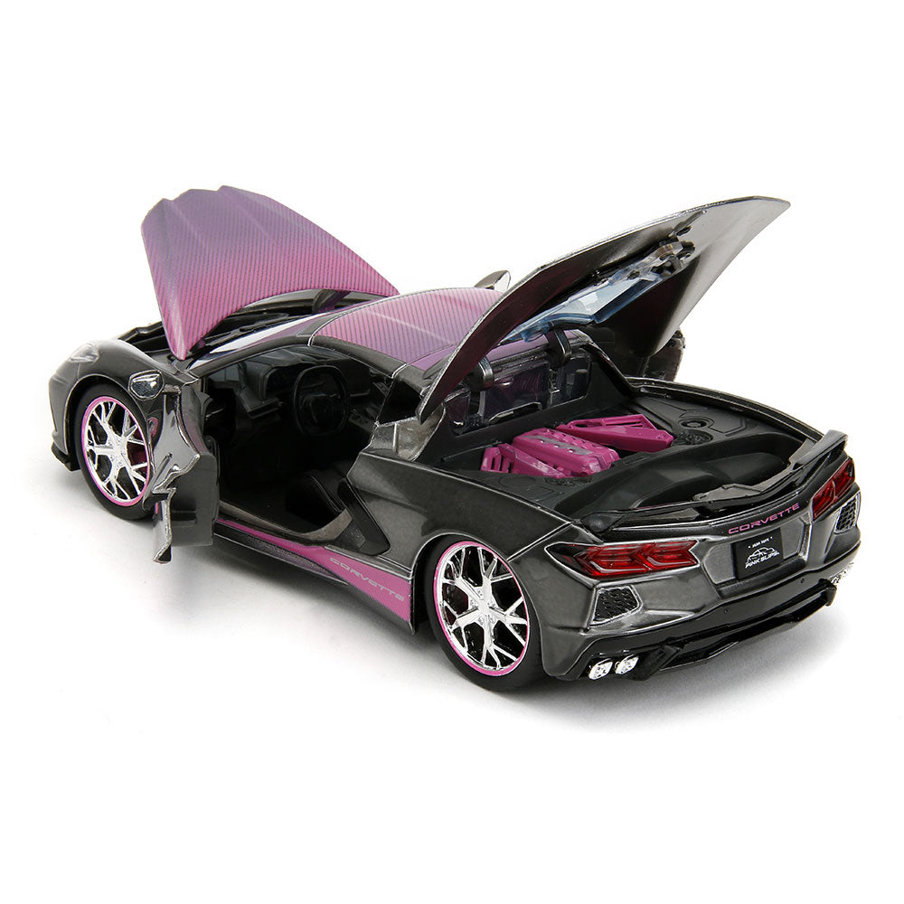 2020 Corvette Stingray Fade Pink Slips Diecast Model shown with the door hood and trunk open