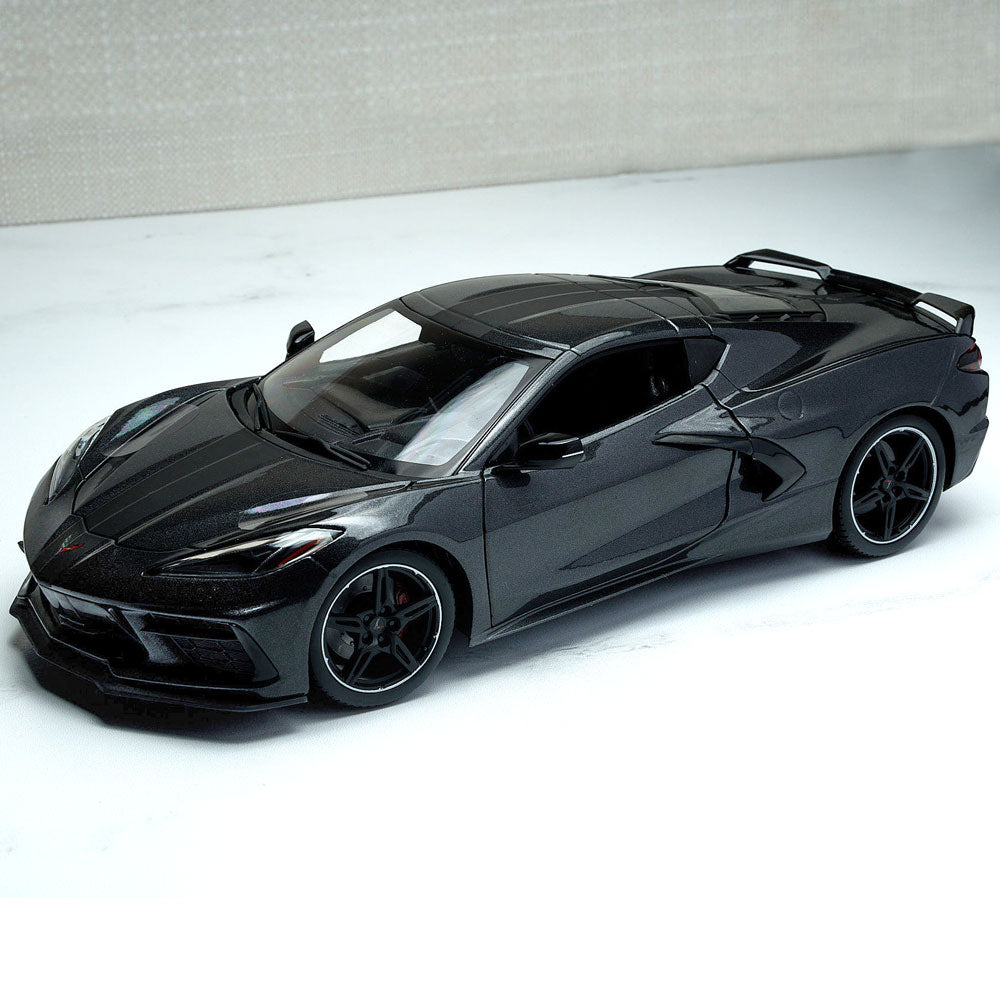2020 Corvette Stingray Metallic Gray Coupe Diecast Model Displayed on a table