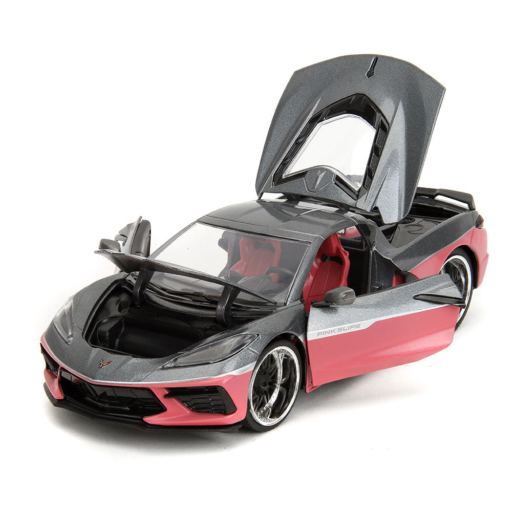 2020 Corvette Stingray Two Tone Pink Slips Diecast Model shown with the hood doors and trunk open