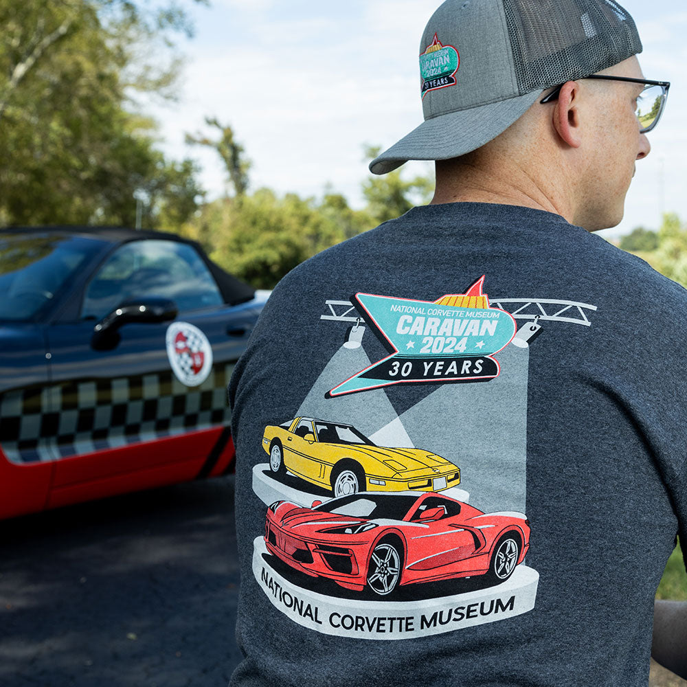 Man wearing the 2024 National Corvette Museum Caravan Event T-shirt showing the design on the back