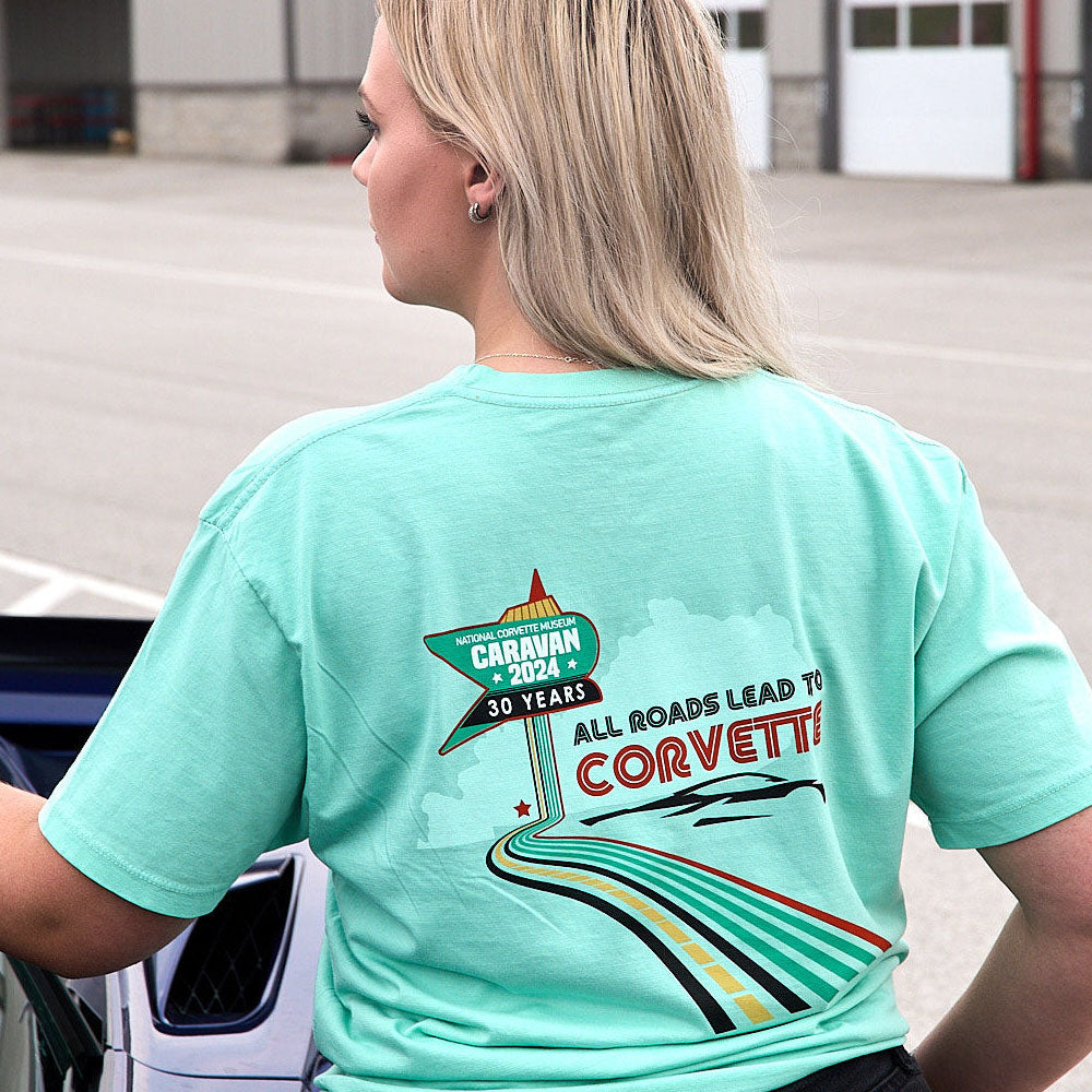 Women wearing 2024 NCM Caravan All Roads Lead to Corvette T-shirt