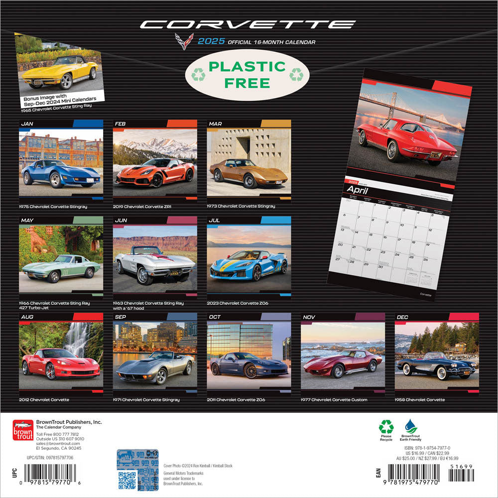 Image showing the back of the 2025 Corvette Square Wall Calendar that shows the featured Corvette for each month