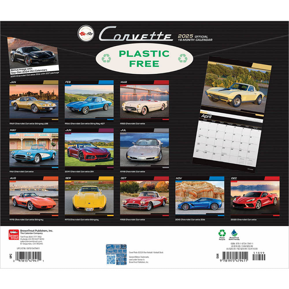 The back of the 2025 Deluxe Corvette Wall Calendar that shows the featured Corvettes from each month