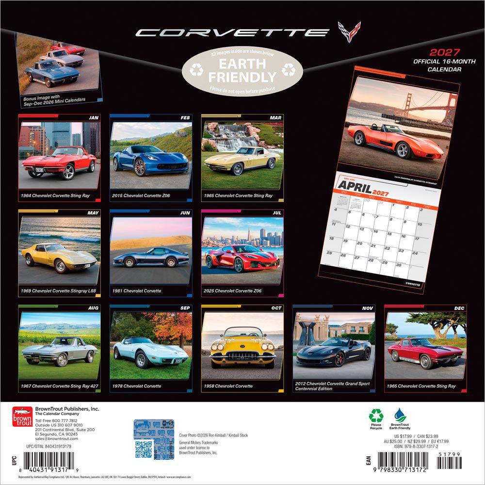 Back Cover of the 2027 Corvette Square Wall Calendar showing the featured Corvette from each month.