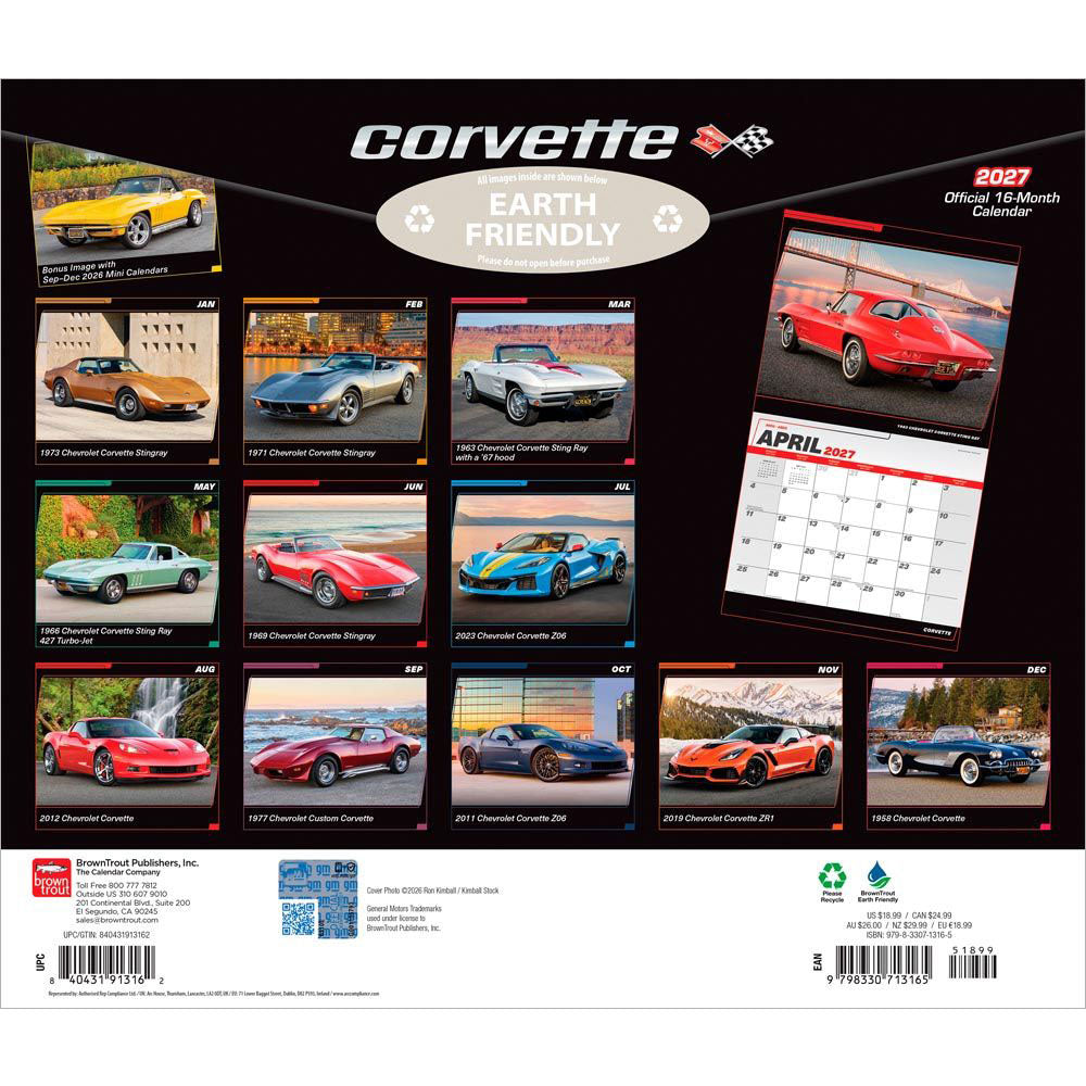 The back cover of the 2027 Deluxe Corvette Wall Calendar showing which Corvette is featured each month.