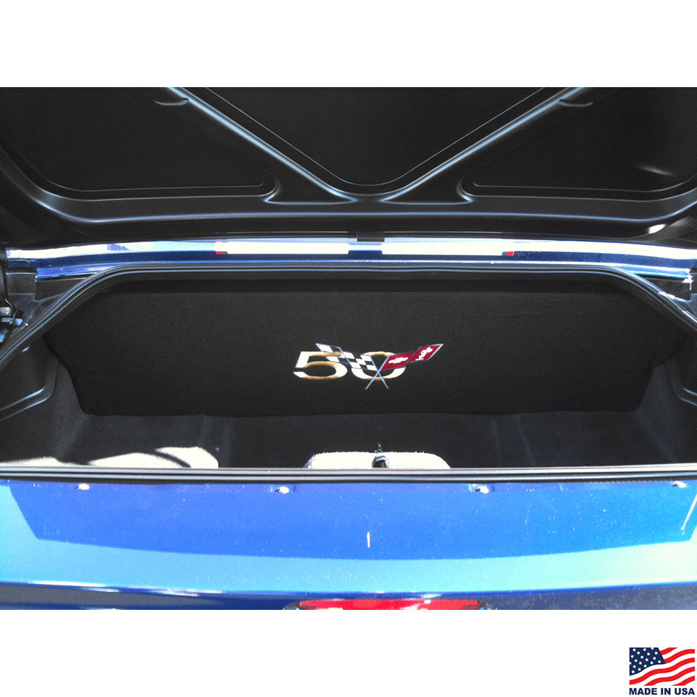 50th Anniversary Corvette Emblem Quiet Ride Compartment Divider shown in a car