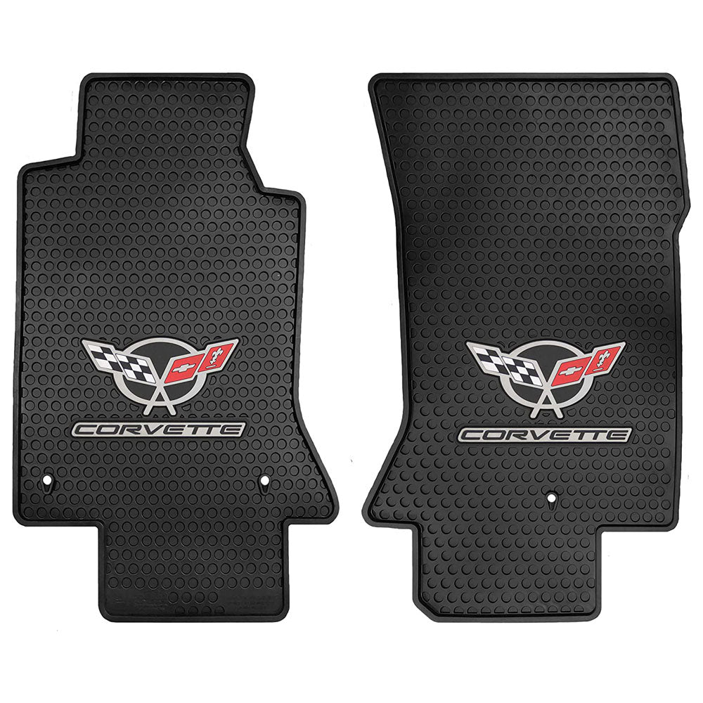 Pair of black rubber C5 Corvette car mats on a white background