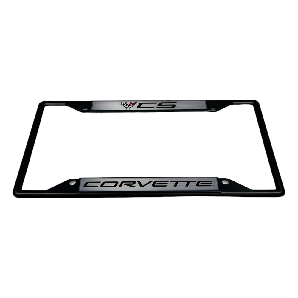 5th Generation Corvette Emblem Black License Plate Frame shown on a white background