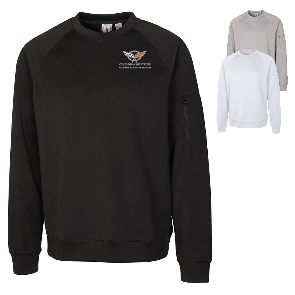 The 5th Generation Corvette Emblem Custom Lift Crewneck Sweatshirt shown in black, gray and white on a white background.