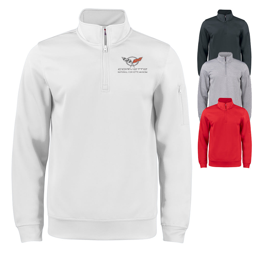 5th Generation Corvette Emblem Custom Lift Quarter-Zip Pullover shown in four colors on a white background.