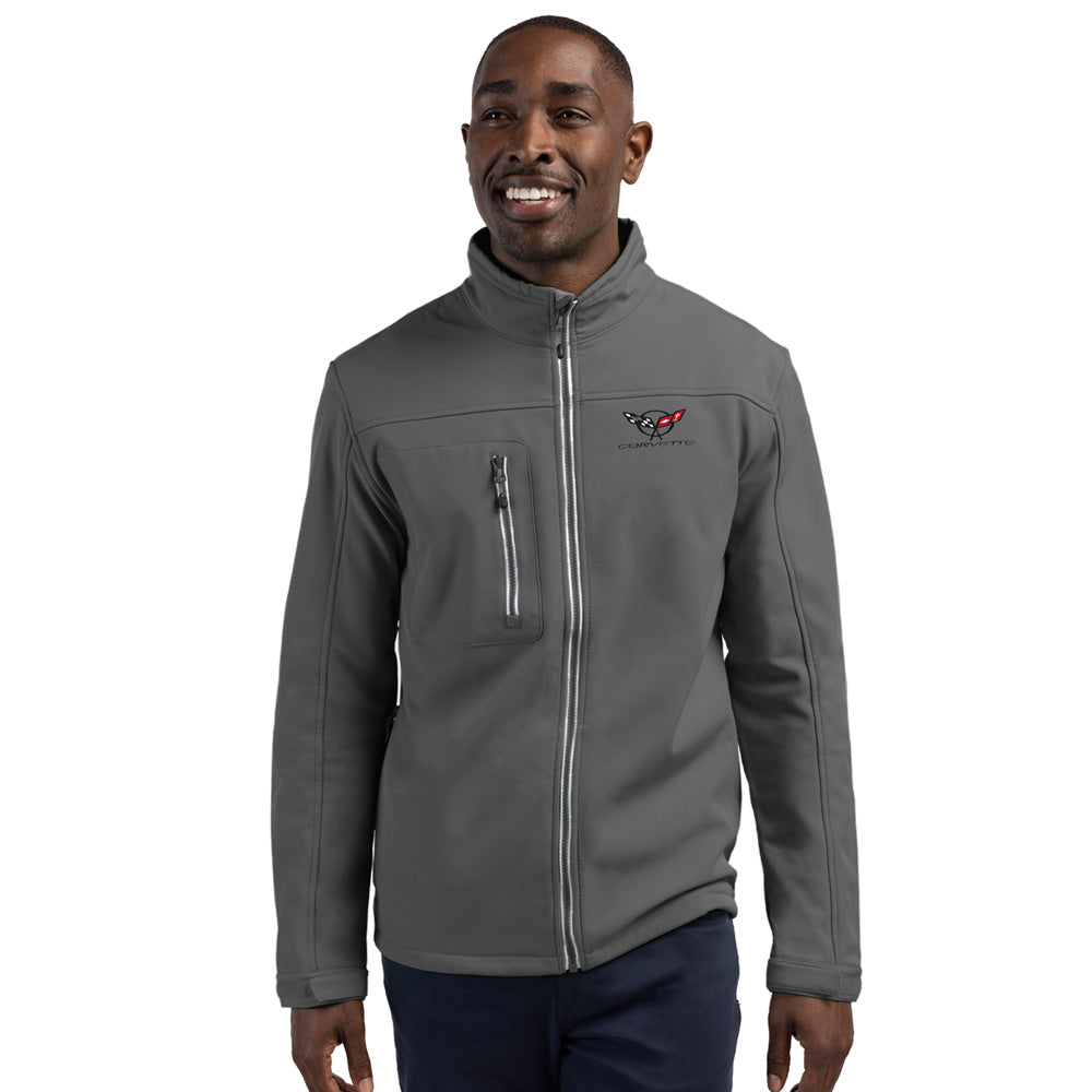 Man wearing a gray jacket with a C5 logo on a white background