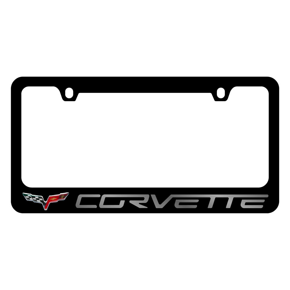 The 6th Generation Corvette Emblem Black License Plate Frame shown on a white background.
