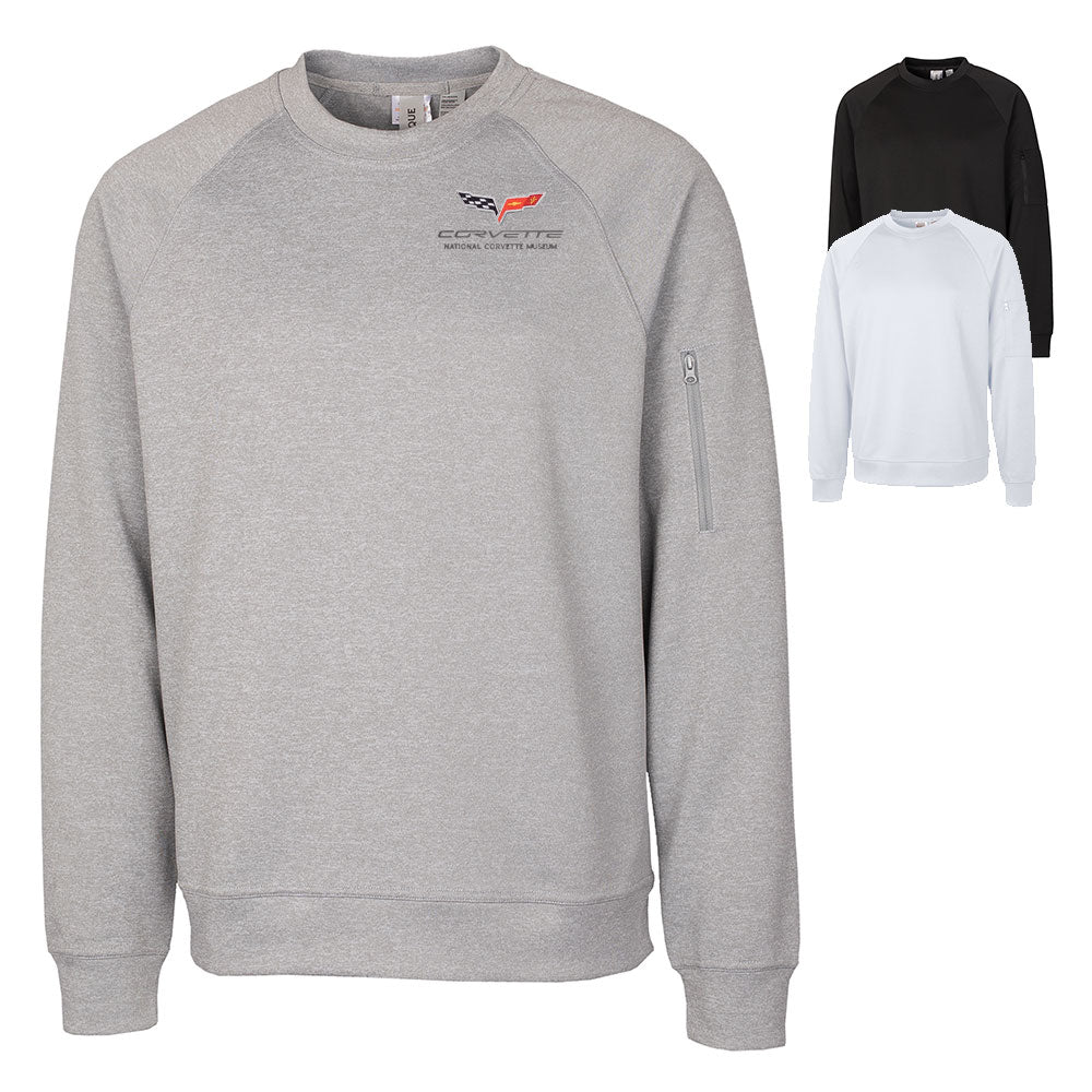 The 6th Generation Corvette Emblem Custom Lift Crewneck Sweatshirt shown in Gray, black and white on a white background.