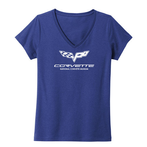 Ladies' royal blue t-shirt with a white C6 Corvette emblem shown on a white background.