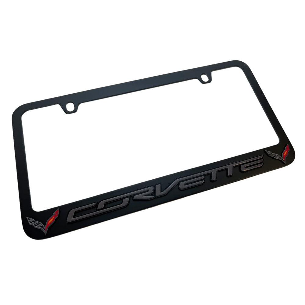 Side view of the 7th Generation Corvette Emblem Black License Plate Frame shown on a white background.