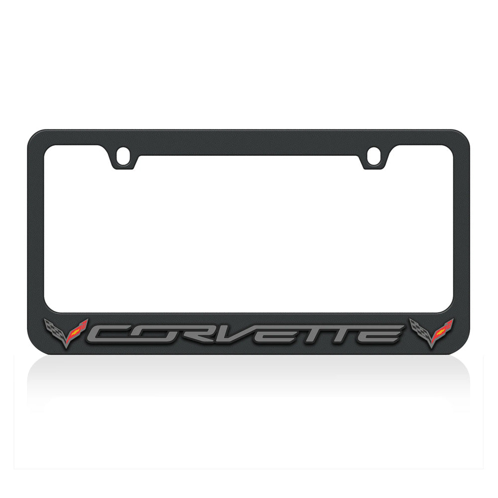 The 7th Generation Corvette Emblem Black License Plate Frame shown on a white background.