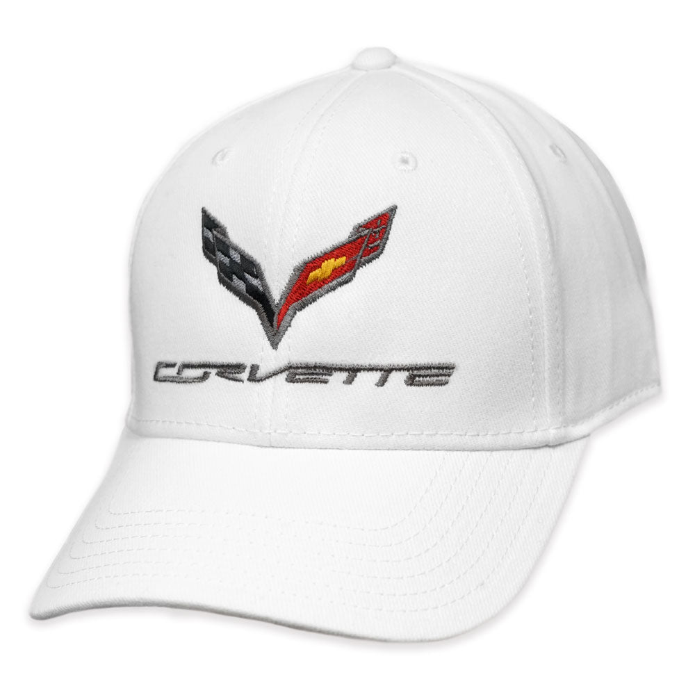 A white baseball cap with the C7 Corvette emblem shown on a white background.